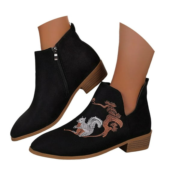 Oyedens Christmas Womens Boots Squirrel Animal Embroidered Suede Pointed Toe Low Heel Ankle Booties