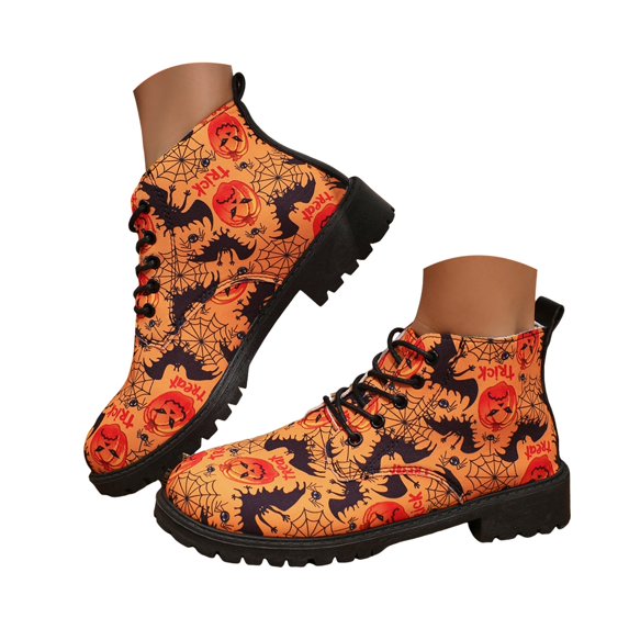 Oyedens Combat Boots for Women Fashion Casual Pumpkin Spider Skull Riding Ankle Booties