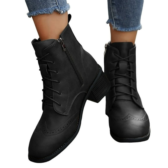 Oyedens Combat Boots for Women Vintage British Leather Mid Heels Riding Dress Ankle Booties