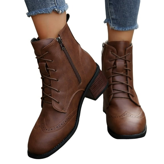 Oyedens Combat Boots for Women Vintage British Leather Mid Heels Riding Dress Ankle Booties