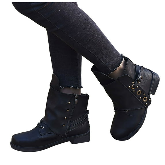 Oyedens Combat Boots for Women Vintage Slouch Low Heels Motorcycle Riding Mid Calf Boots Short Booties