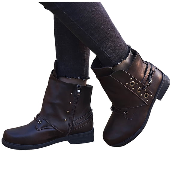 Oyedens Combat Boots for Women Vintage Slouch Low Heels Motorcycle Riding Mid Calf Boots Short Booties