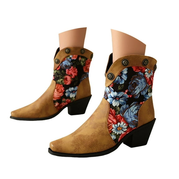 Oyedens Cowboy Boots for Women Ethnic Retro Boho Wide Mid Calf Western Cowgirl Boots Riding Boots