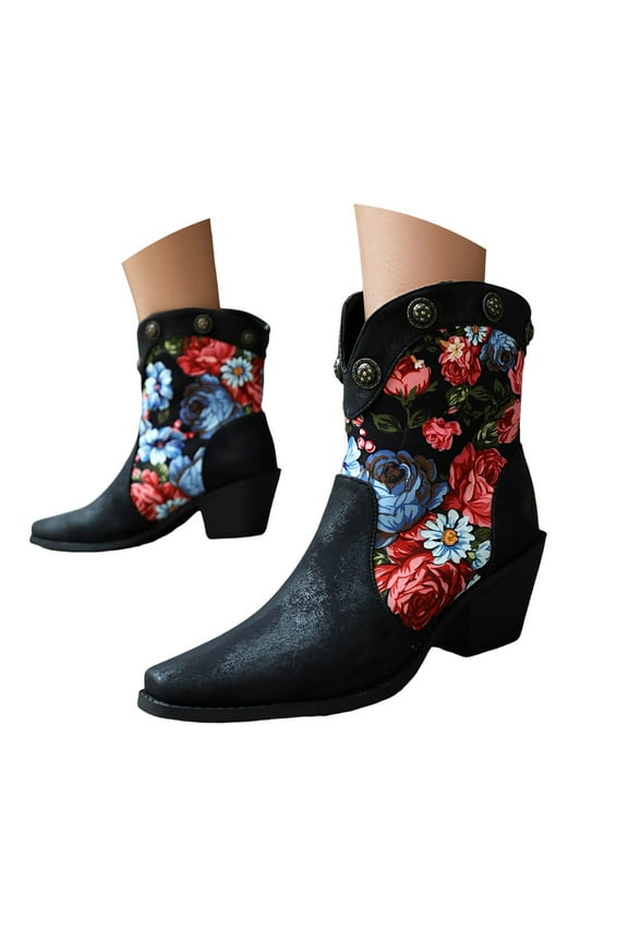 Cowboy Boots for Women Ethnic Retro Boho Wide Mid Calf Western Cowgirl Boots Riding Boots