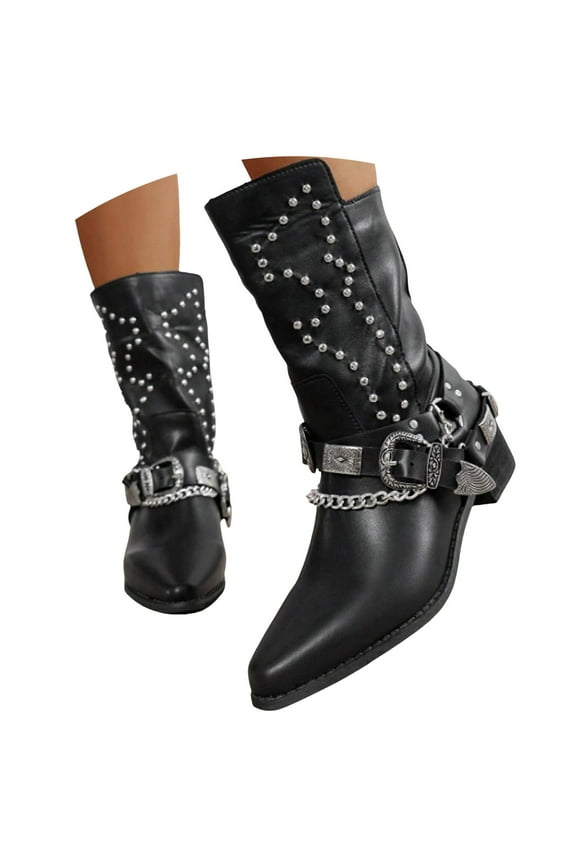Oyedens Cowboy Boots for Women Gothic Vintage Black Leather Wide Mid Calf Cowgirls Riding Boots