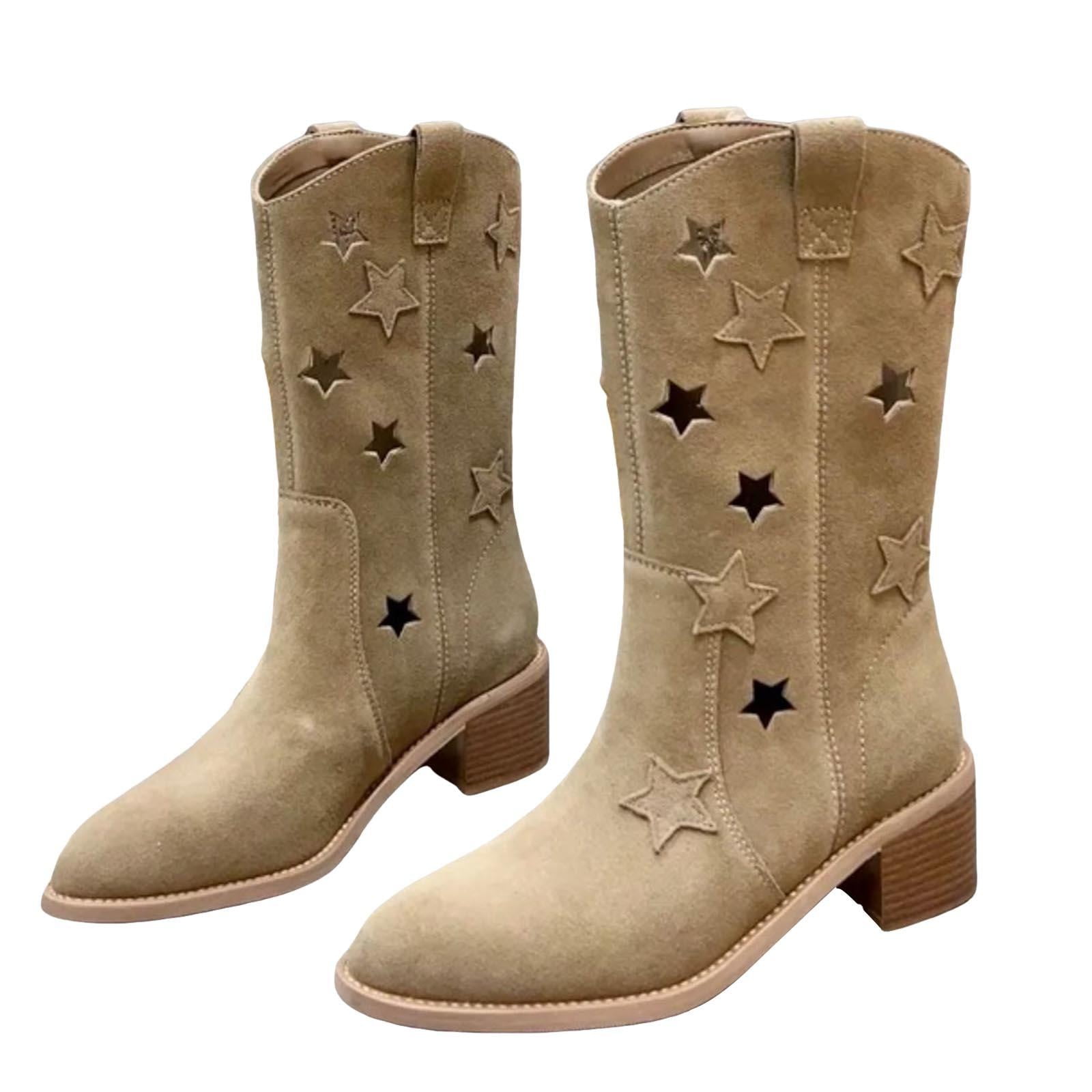 Oyedens Cowboy Boots for Women Star Suede Pointy Toe Wide Mid Calf