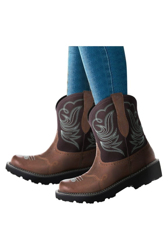 Oyedens Cowboy Boots for Women Vintage Low Heels Horse Riding Western Wide Mid Calf Boots Combat Boots