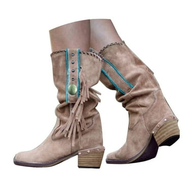Oyedens Cowboy Cowgirl Boots for Women Beach Boho Vintage Tassel Slouch Riding Mid Calf Boots