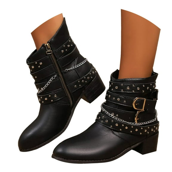 Oyedens Cowboy Cowgirl Boots for Women Goth Studded Buckle Pointed Toe Low Heel Work Ankle Booties
