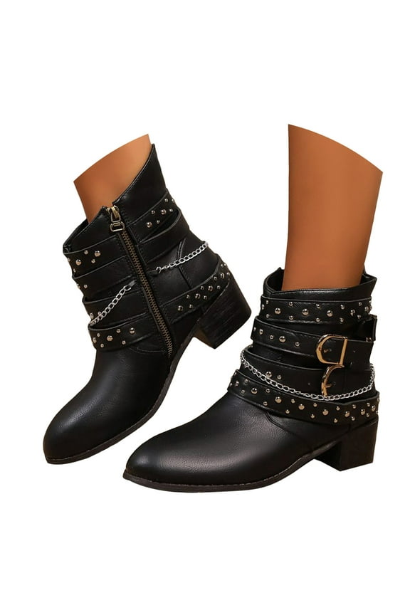 Oyedens Cowboy Cowgirl Boots for Women Goth Studded Buckle Pointed Toe Low Heel Work Ankle Booties