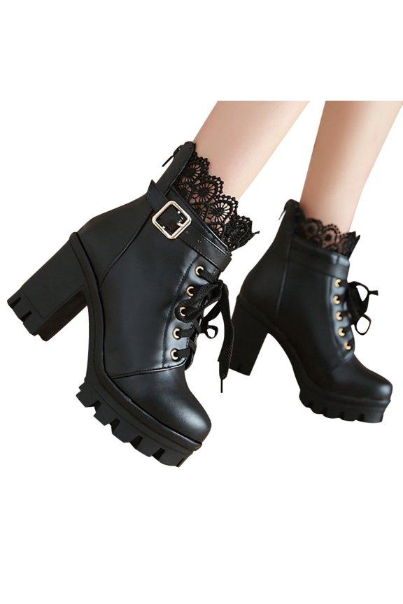 Dress Combat Boots For Women Lace Leather Block High Heels Ankle Booties Lace Up Platform Riding Short Boots
