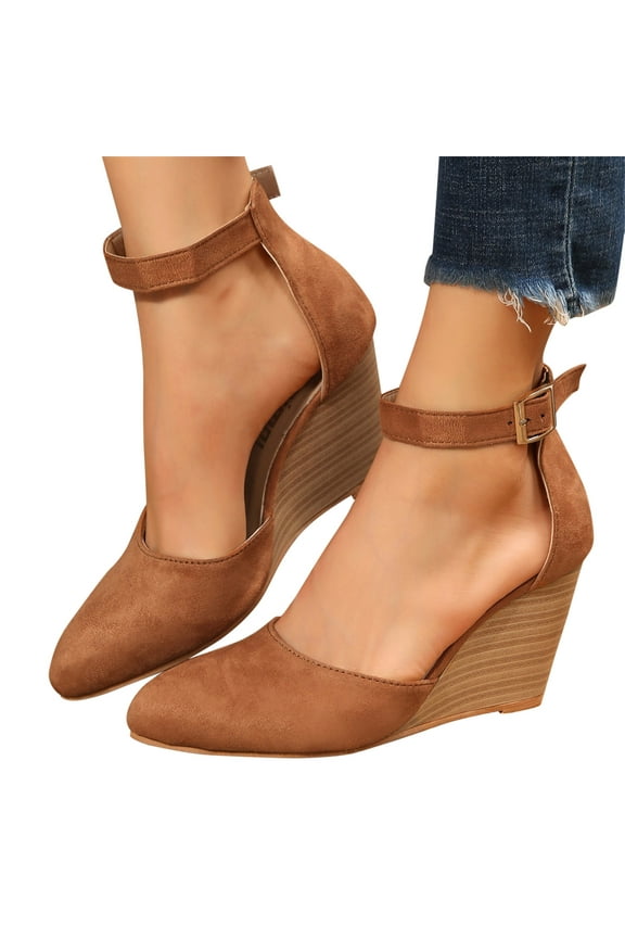 Dress Sandals For Women Summer Fall Suede Wedge High Heels Pointed Toe Ankle Strap Dressy Ballet Flats Pumps Shoes For Ladies Wedding Party