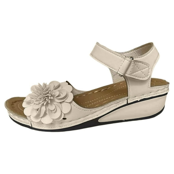 Oyedens Dress Sandals For Women Flower Leather Breathable Wedge Sandals Ankle Strap Platform Chunky Mid Heels Casual Comfort Sandals With Arch Support