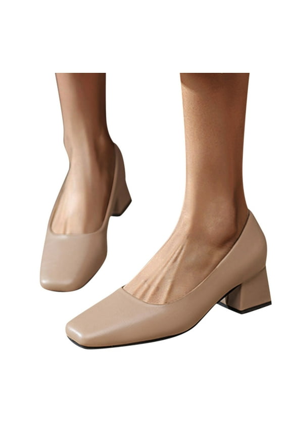 Oyedens Dress Shoe for Women Ladies Square Toe Leather Block Mid Heels Work Wedding Pump Shoes