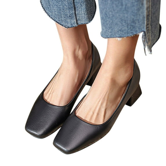 Oyedens Dress Shoe for Women Ladies Square Toe Leather Block Mid Heels Work Wedding Pump Shoes