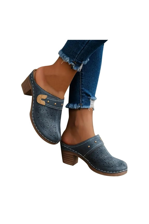 Oyedens Dress Shoes Mules Sandals for Women Wide Width Block Mid Heels Slip On Clogs Summer Fall Shoes