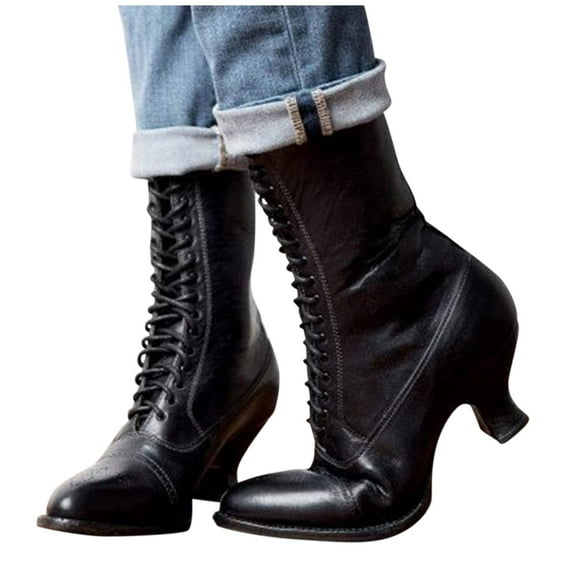 Oyedens Dress Shoes for Women Ladies Vintage Gothic Kitten Heels Combat Boots Mid Calf Riding Boots