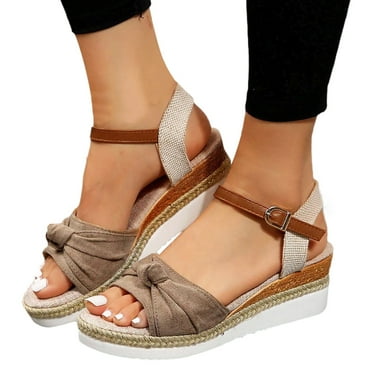 Oyedens Espadrilles Sandals For Women Patchwork Knotbow Linen Platform Wedge Sandals Summer Casual