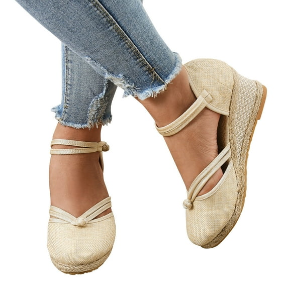 Womens Espadrilles Wedges Dress Sandals Summer Fall Vintage Linen Knot Closed Toe Beach High Heels Shoes