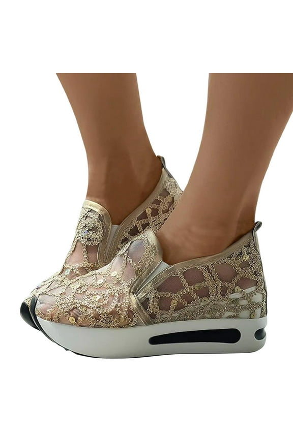 Fashion Sneakers Women Hidden Wedge Chunky High Heels Slip On Low Top Sneakers Walking Shoes