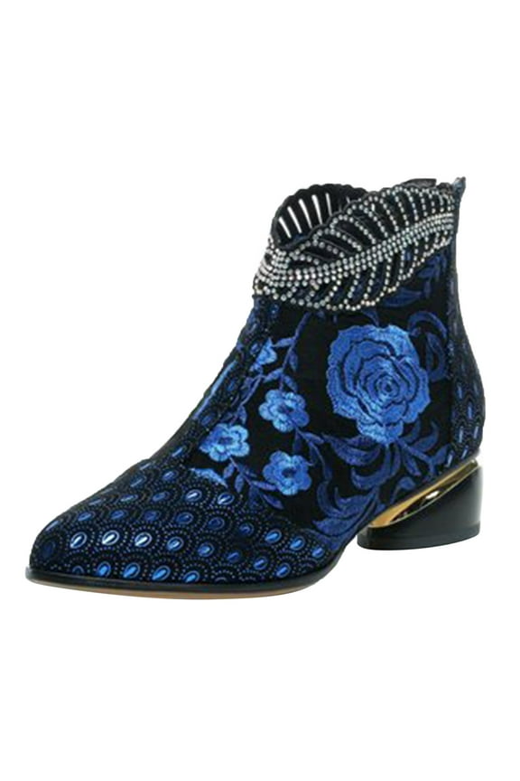 Flower Dress Boots for Women Ethnic Vintage Low Heels Ankle Booties Ladies Short Boots