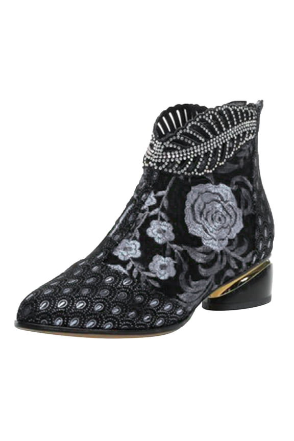 Flower Dress Boots for Women Ethnic Vintage Low Heels Ankle Booties Ladies Short Boots