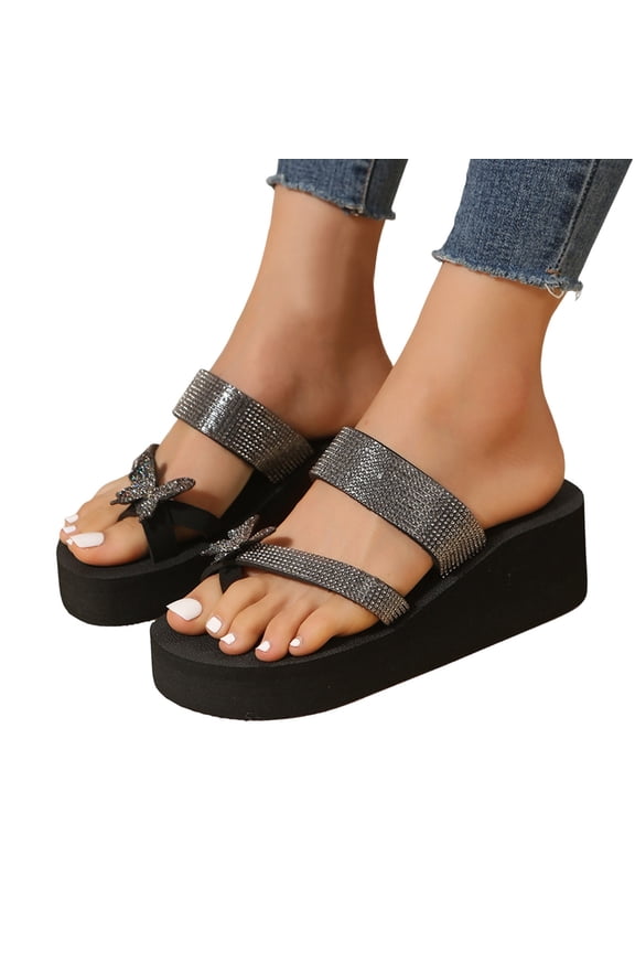 Footbed Sandals For Women Crystal Butterfly Wedge Platform Flip Flop Dress Flatform Slides