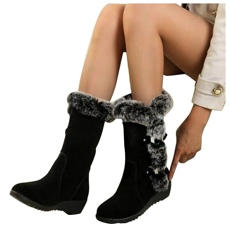 Oyedens Fuzzy Mid Calf Snow Boots for Women Winter Thermal Lined
