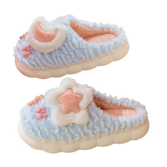 Oyedens Fuzzy Slippers for Women Cozy Furry Star Moon House Slippers for Woman Memory Foam Bedroom Slippers