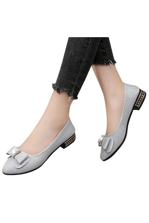 Glitter Silver Dress Shoes for Women Wedding Sequin Bowknot Rhinestone Slip on Ballet Flats