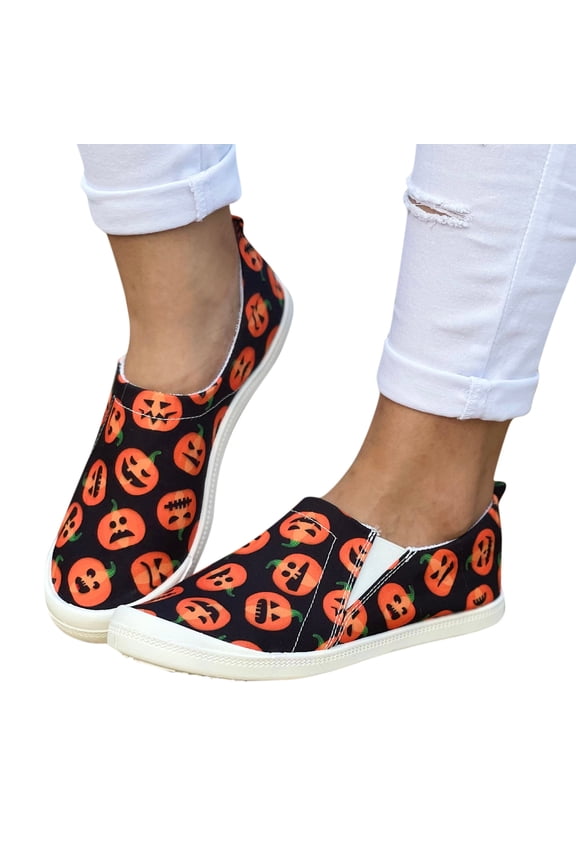 Halloween Slip on Loafers for Women Skeleton Pumpkin Casual Canvas Fashion Sneakers Walking Shoes