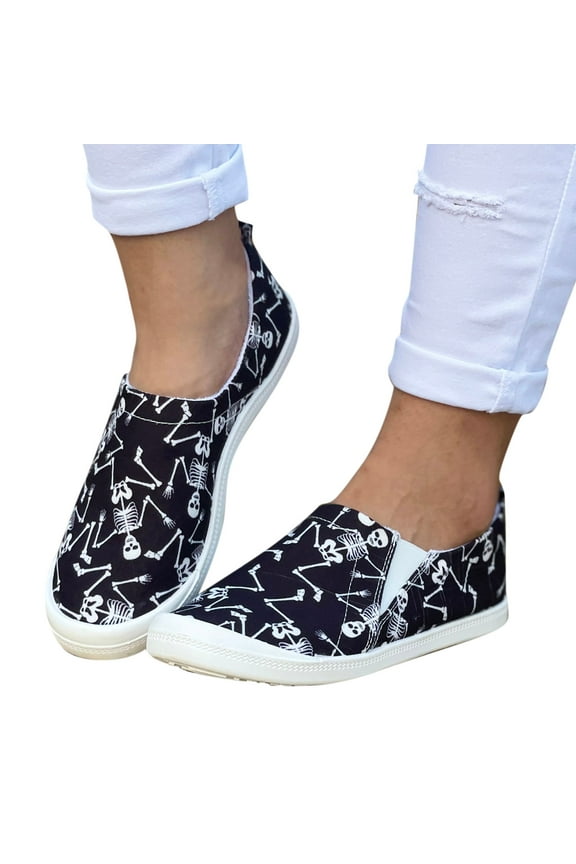 Halloween Slip on Loafers for Women Skeleton Pumpkin Casual Canvas Fashion Sneakers Walking Shoes