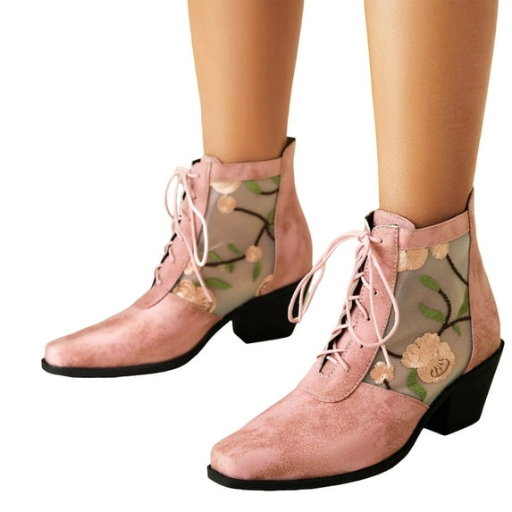 Oyedens High Heels Dress Boots for Women Boho Fashion Square Toe Cowgirl Boots Combat Ankle Booties