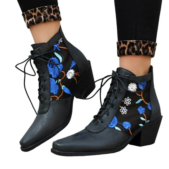 Oyedens High Heels Dress Boots for Women Boho Fashion Square Toe Cowgirl Boots Combat Ankle Booties