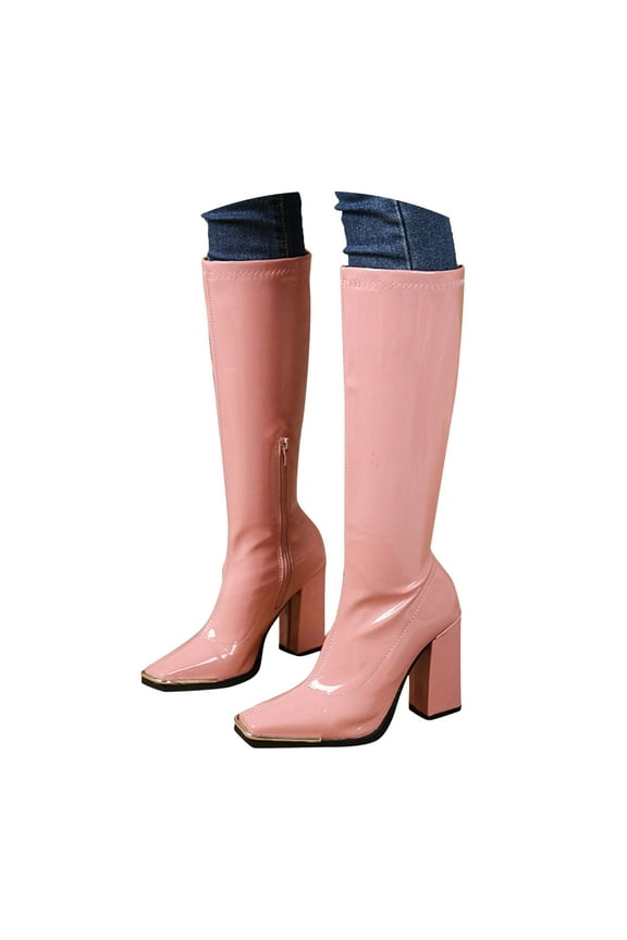 High Heels Knee High Boots for Women Pink Fashion Square Toe Wedding Mid Calf Boots