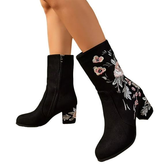 Oyedens High Heels Mid Calf Boots for Women Black Ethinic Embroidered Suede Womens Short Dress Boots