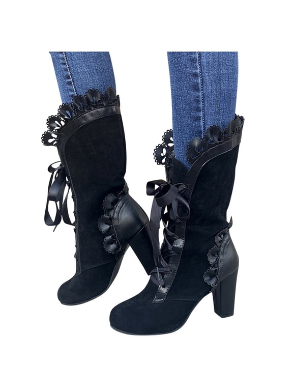 High Heels Mid Calf Combat Boots for Women Ladies Vintage Gothic Lace Dress Pumps Short Boots