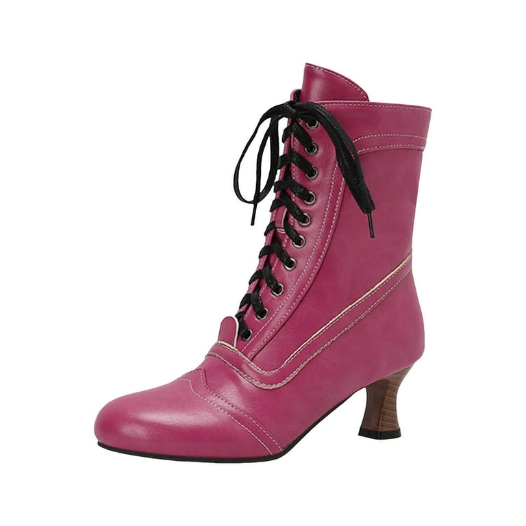 Oyedens Kitten Heels Combat Boots for Women Vintage Pointed Toe High Heels Western Mid Calf Riding Boots