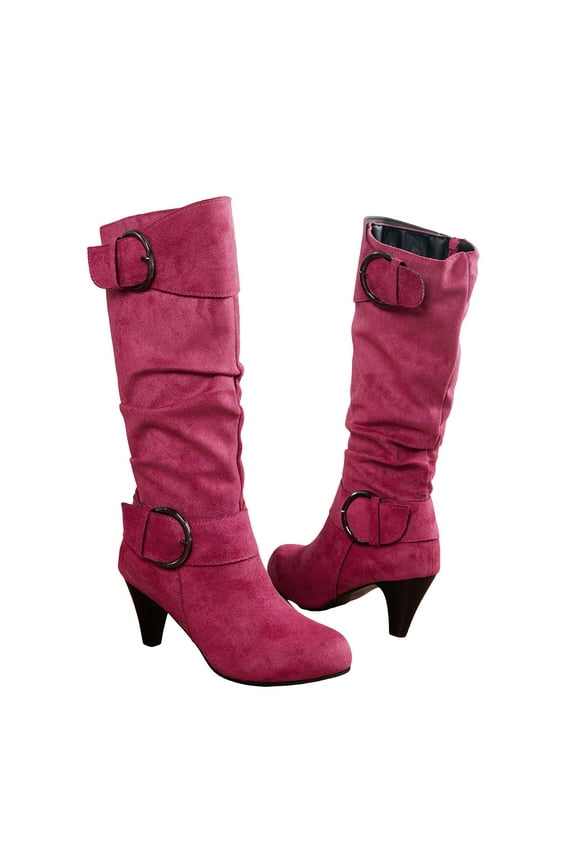 Kitten Knee High Boots for Women Red Fashion Buckle Mid Heels Slouchy Mid Calf Dress Boots Fall