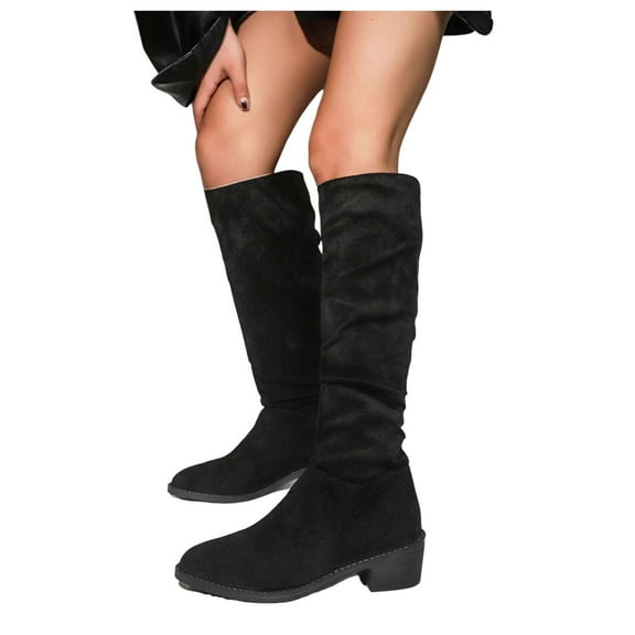 Oyedens Knee High Boots for Women Slouch Suede Pointed Toe Low Heel Winter Wide Calf Tall Boots Black