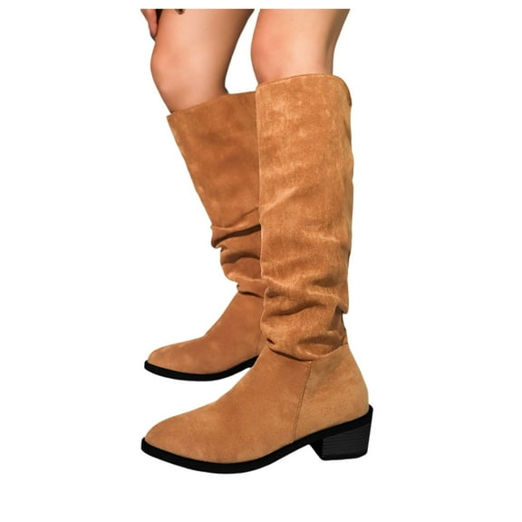 Oyedens Knee High Boots for Women Slouch Suede Pointed Toe Low Heel Winter Wide Calf Tall Boots Brown