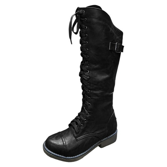 Oyedens Knee High Combat Boots for Women Vintage Wide Mid Calf Motorcycle Riding Work Hunting Boots
