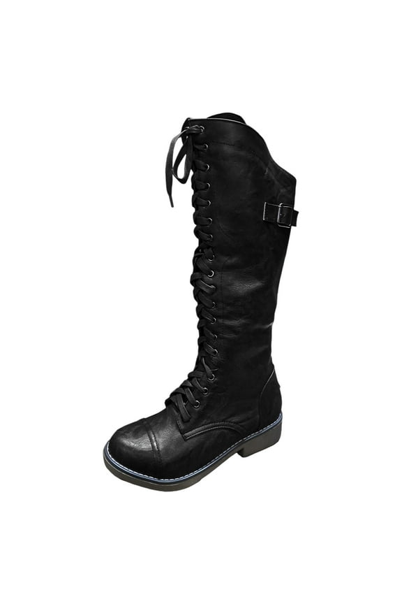 Knee High Combat Boots for Women Vintage Wide Mid Calf Motorcycle Riding Work Hunting Boots