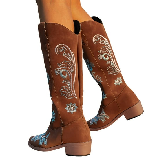 Oyedens Knee High Cowboy Boots for Women Bohemian Vintage Women's Wide Calf Cowgirl Riding Boots