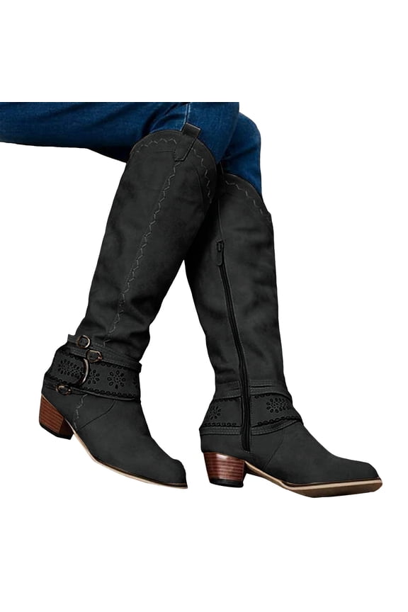 Oyedens Knee High Cowboy Boots for Women Boho Vintage Wide Mid Calf Cowgirl Riding Tall Boots