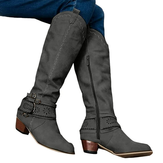 Oyedens Knee High Cowboy Boots for Women Boho Vintage Wide Mid Calf Cowgirl Riding Tall Boots