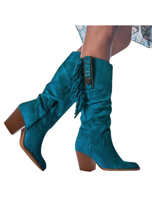 Knee High Riding Boots for Women Vintage Boho Tassel High Heels Knee Length Cowboy Boots