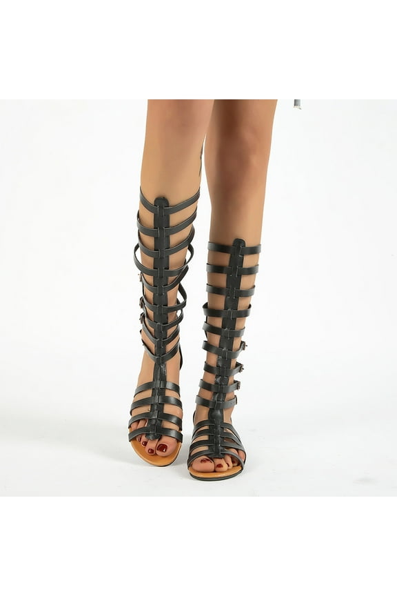 Knee High Sandals Women Gothic Knee Length Low Heels Flats Ladies Dress Shoes For Party