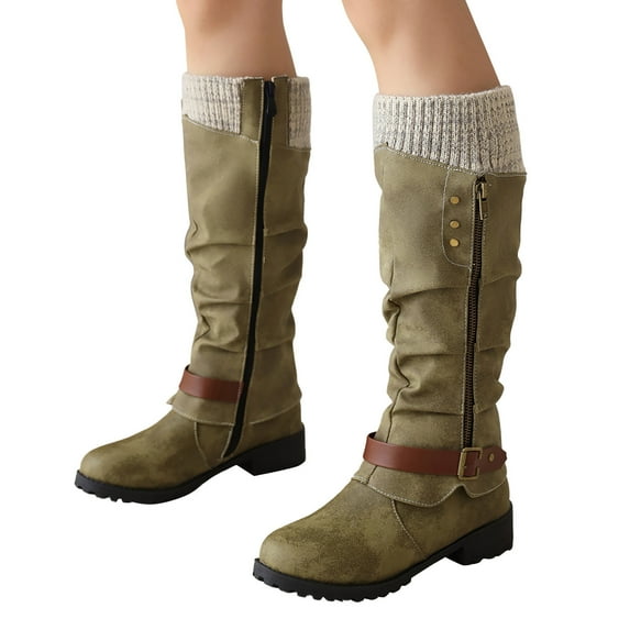 Oyedens Knee High Work Boots for Women Vintage Winter Knit Leather Slouchy Riding Combat Long Boots