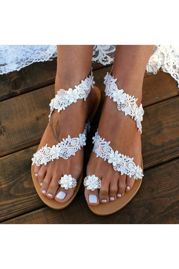 Lace Sandals For Women Bride Bridal Wedding White Toe Ring Slip On Flats Dress Sandals Boho Beach